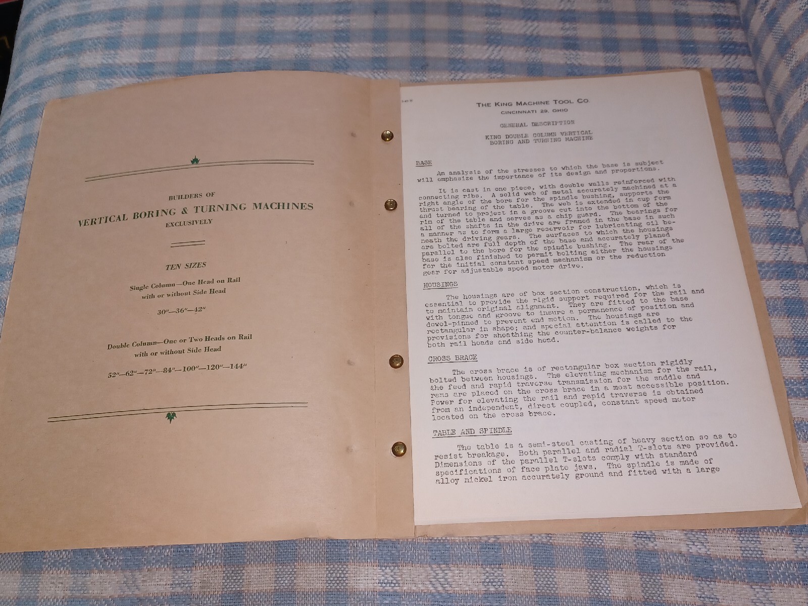 THE KING MACHINE TOOL COMPANY VERTICAL BORING TURNING MACHIBES catalog 1947 Book
