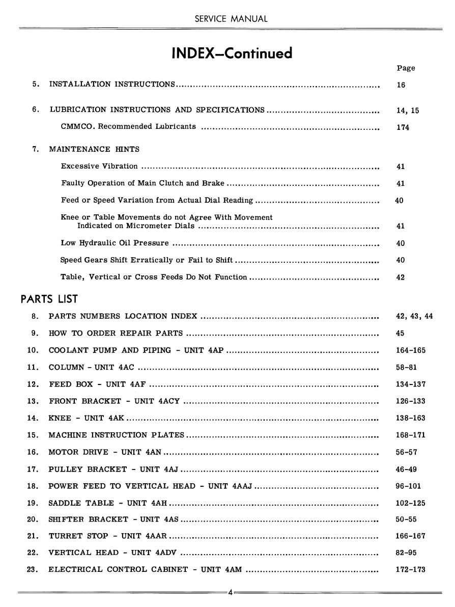 Cincinnati 2, 3, and 4 Dial Type Milling Machines LL Service Parts Manual 1305