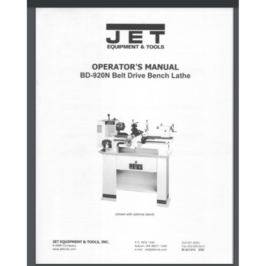 Jet BD-920N Belt Drive Bench Lathe Owners Manual Comb Bound Gloss cover 44 page
