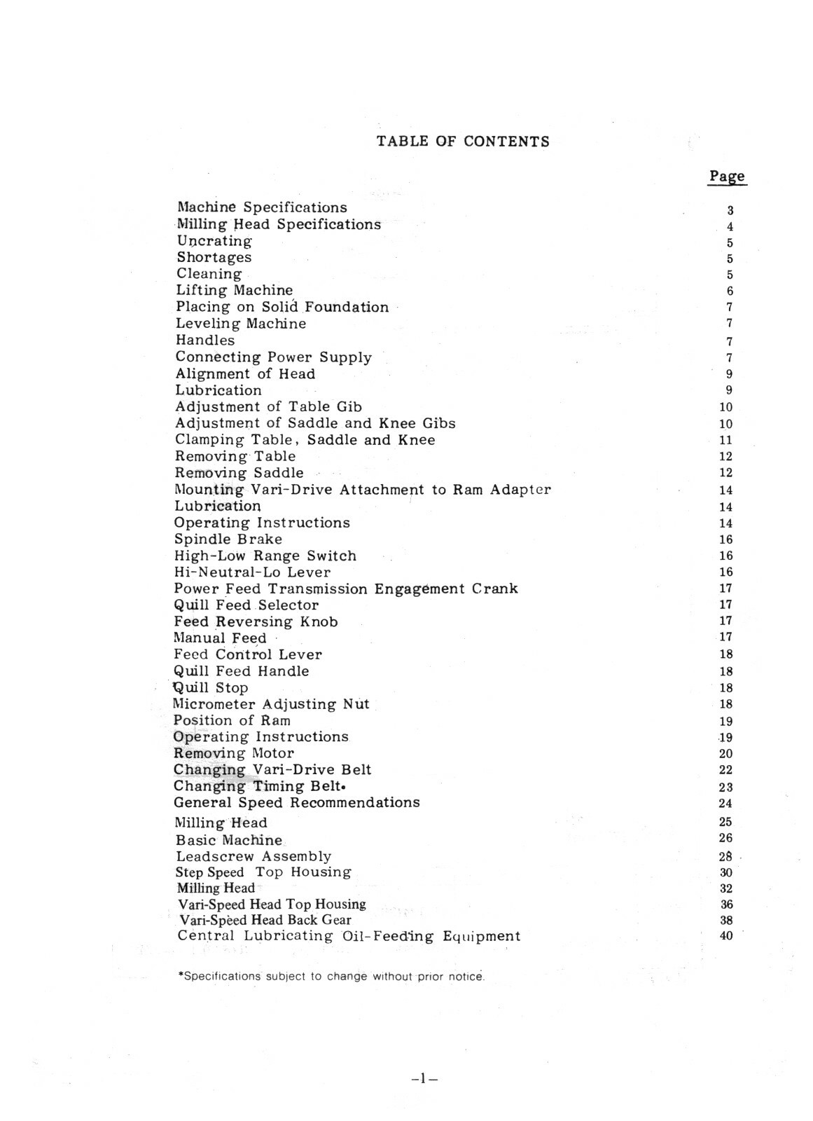 Comet 2H, 3H, 4H, 2VH, 3VH, & 4VH Milling Machine Operation Manual #1405