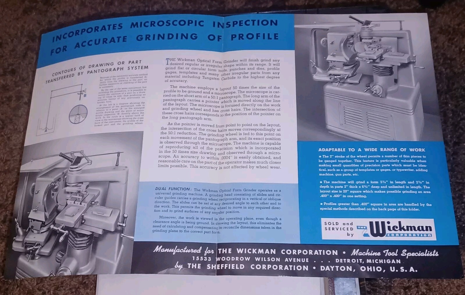 WICKMAN CORPORATION DETROIT Optical Form Grinder Catalog Booklet Sales Flyer OLD