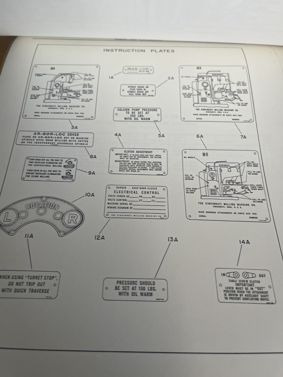 Cincinnati Milling Machine Parts Catalog for No. 2ML, 2 MI and 3 MI