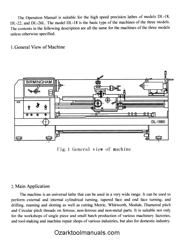 Birmingham Metal Lathe DL Series 18/22/26L Operations Manual Wiring Diagram 1319
