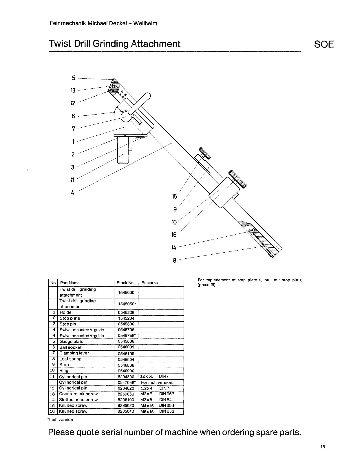DECKEL SOE Universal Tool Cutter D-Bit Grinder Parts Manual 1465