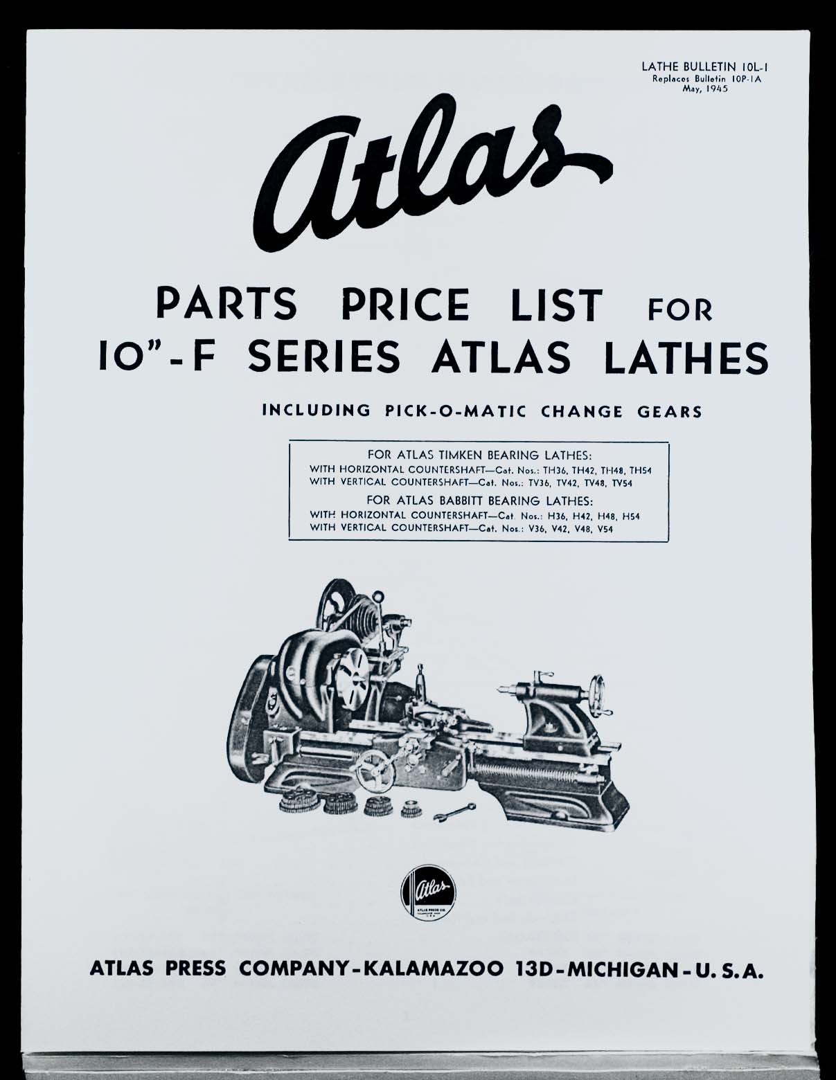 Atlas 10″ Lathe 10-F series Part List and Service Bulletins