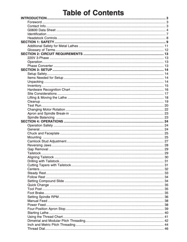Owner’s Manual & Instructions for Grizzly 20” x 60” Big Bore Lathe – Model G0600